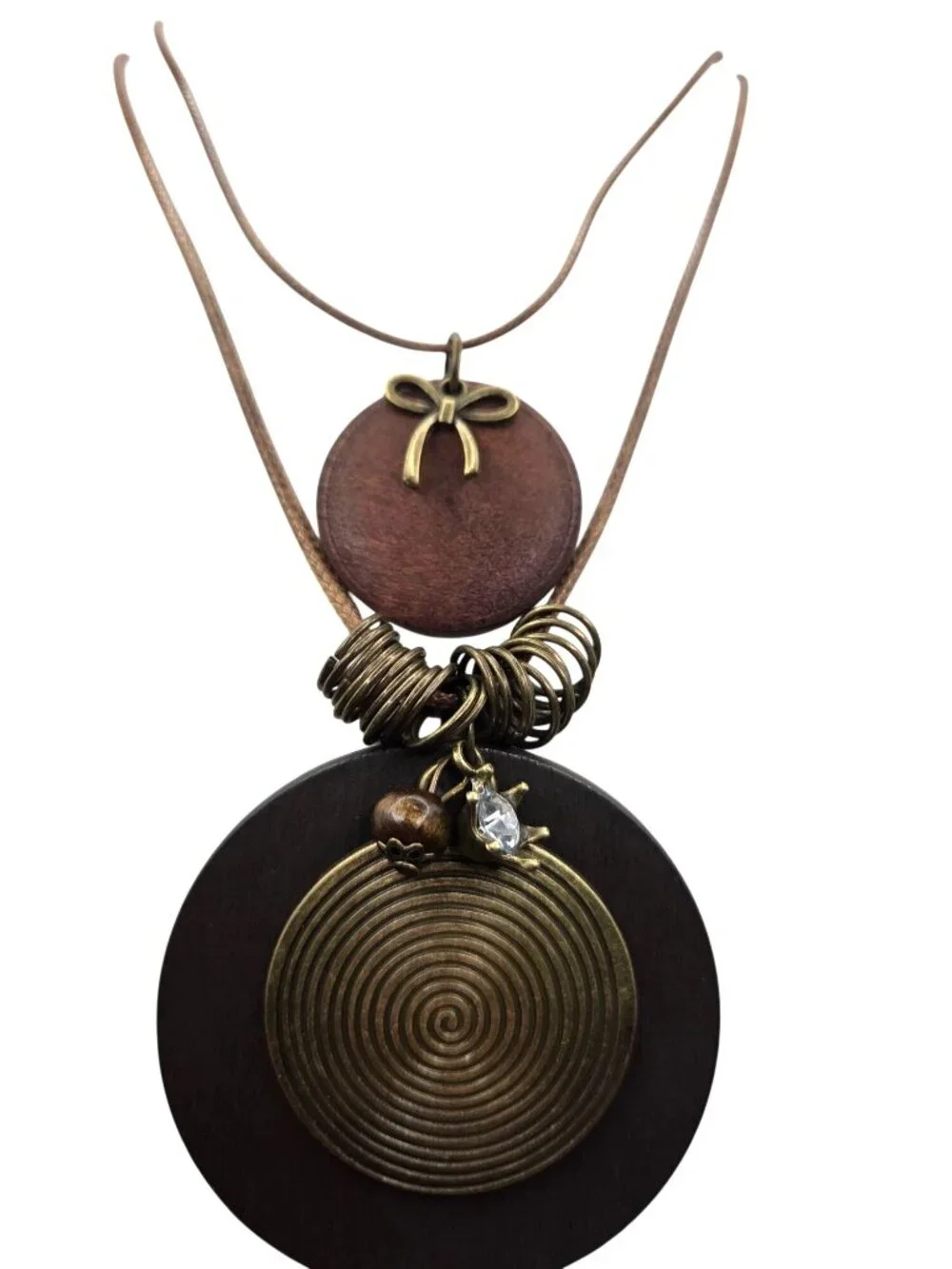 Layered Pendant Necklace With Wooden & Metal Accents Crystal Detail Adjustable C